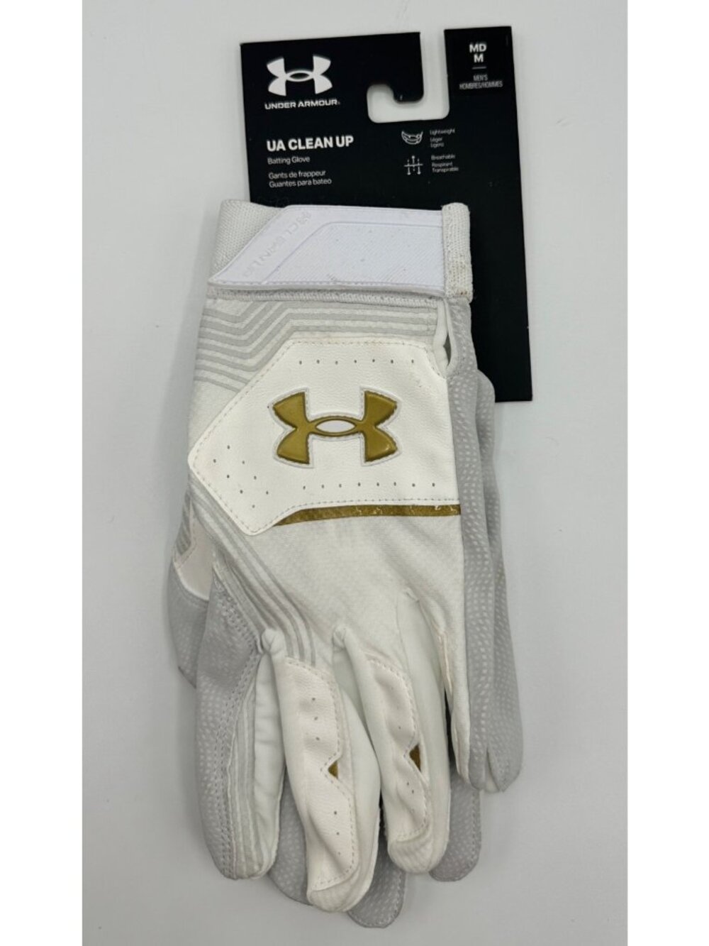 Under Armour Mens UA Clean Up Batting Gloves White/Gold Medium Durable Synthetic